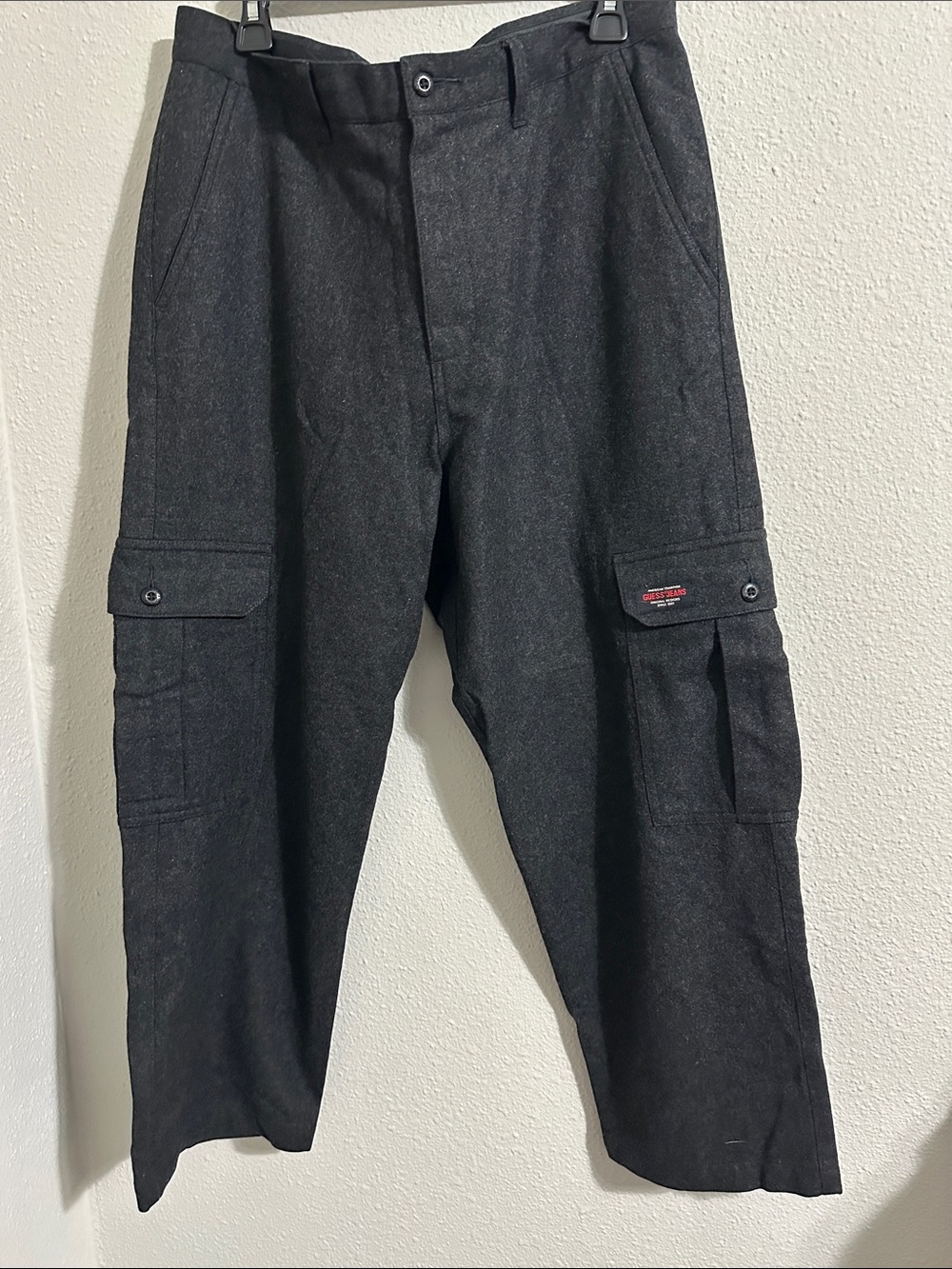 Vintage Guess Black Men's Cargo Pants with Flap Thigh Pockets